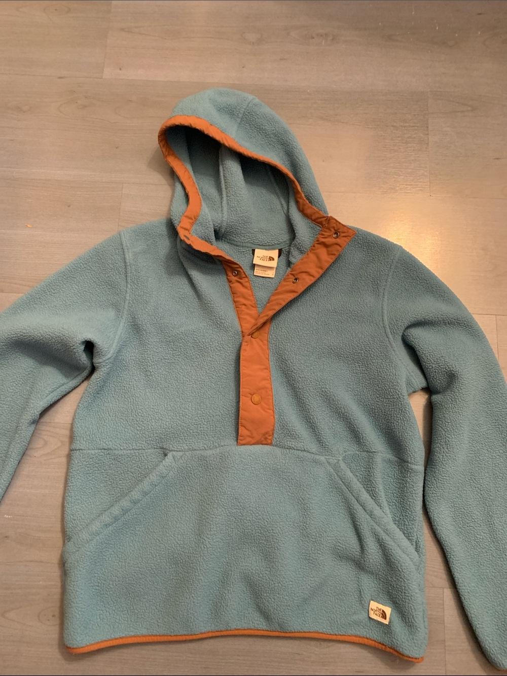 The North Face Teal Blue Hooded Fleece with Brown Trim